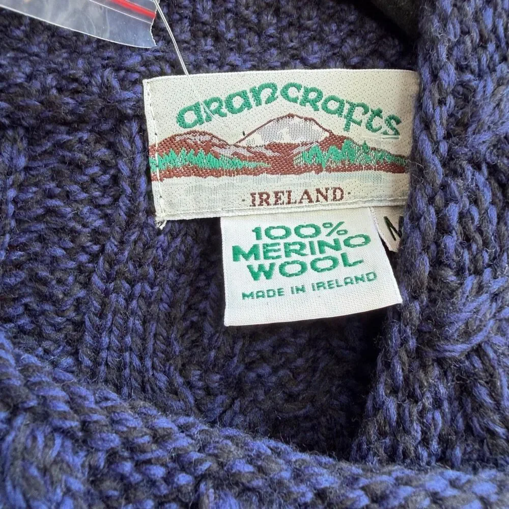 Aran Crafts Women's Cable Knit Merino Wool Cardigan Sweater Navy Medium NWOT